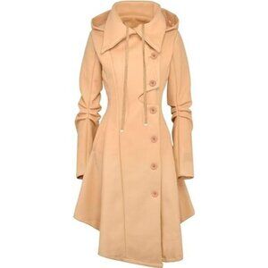 Women Khaki Wool Winter Goth Lapel Peacoat Outwear Thick Hood Trench Coat